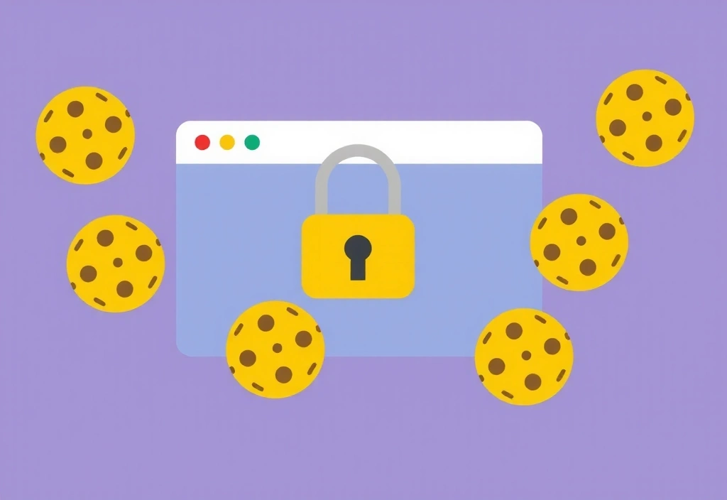 Ilustrație a unui browser web cu iconițe de cookie-uri, simbolizând confidențialitatea datelor și navigarea online.